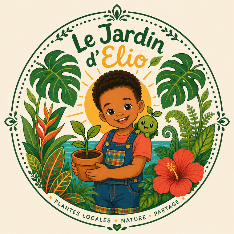 Emblème du Jardin d'Elio : un enfant tenant une jeune pousse, entouré de plantes tropicales.